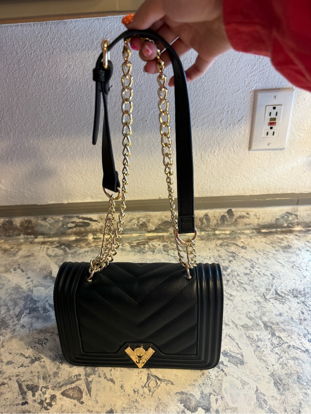 Black Quilted Chain-Handle Shoulder Bag with Gold Hardware